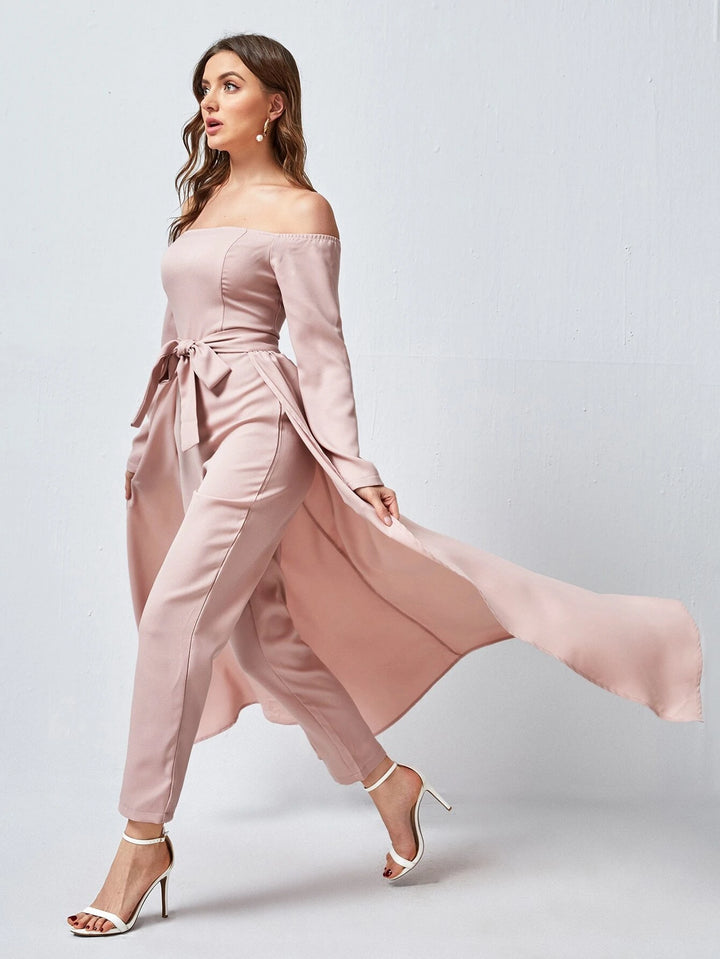 Off Shoulder Belted Jumpsuit With Skirt