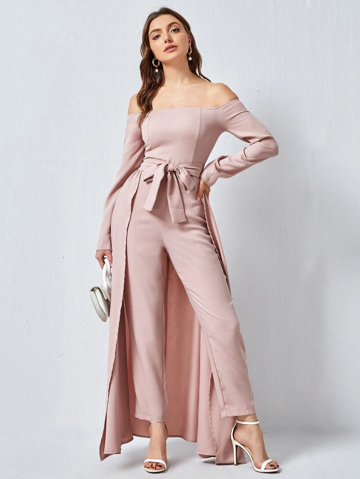 Off Shoulder Belted Jumpsuit With Skirt