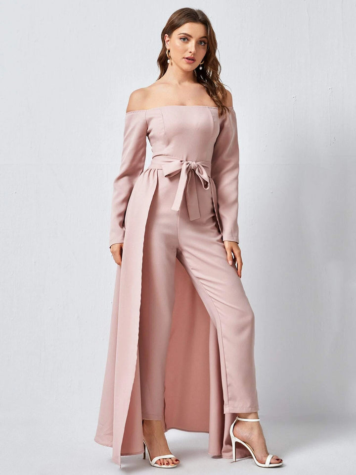 Off Shoulder Belted Jumpsuit With Skirt