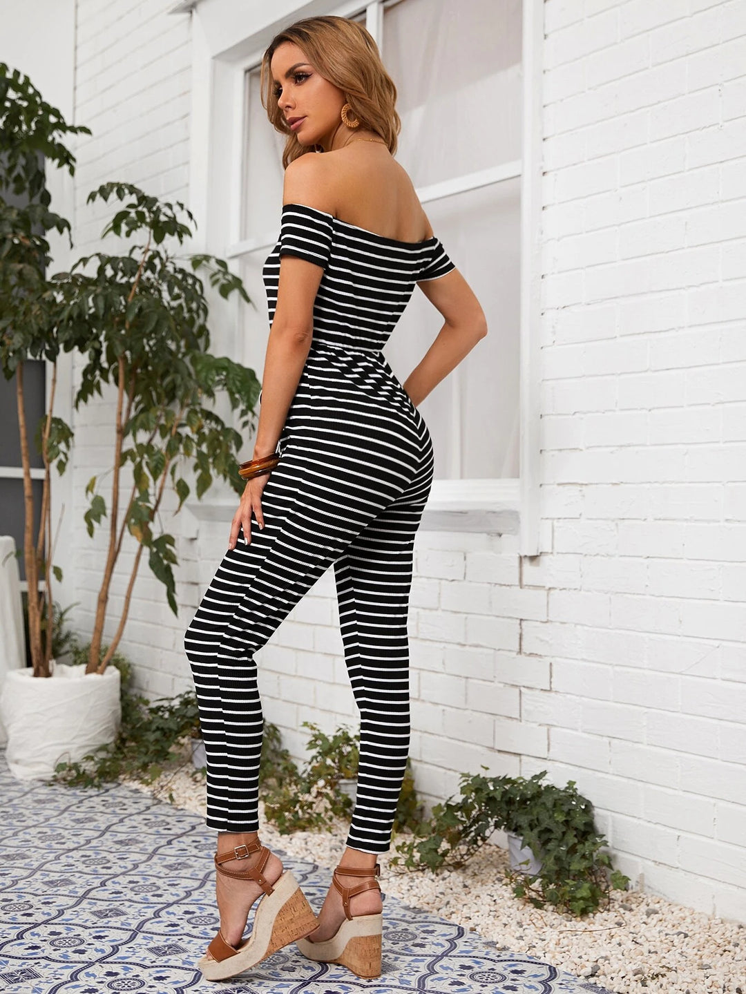 Off Shoulder Knot Waist Striped Jumpsuit