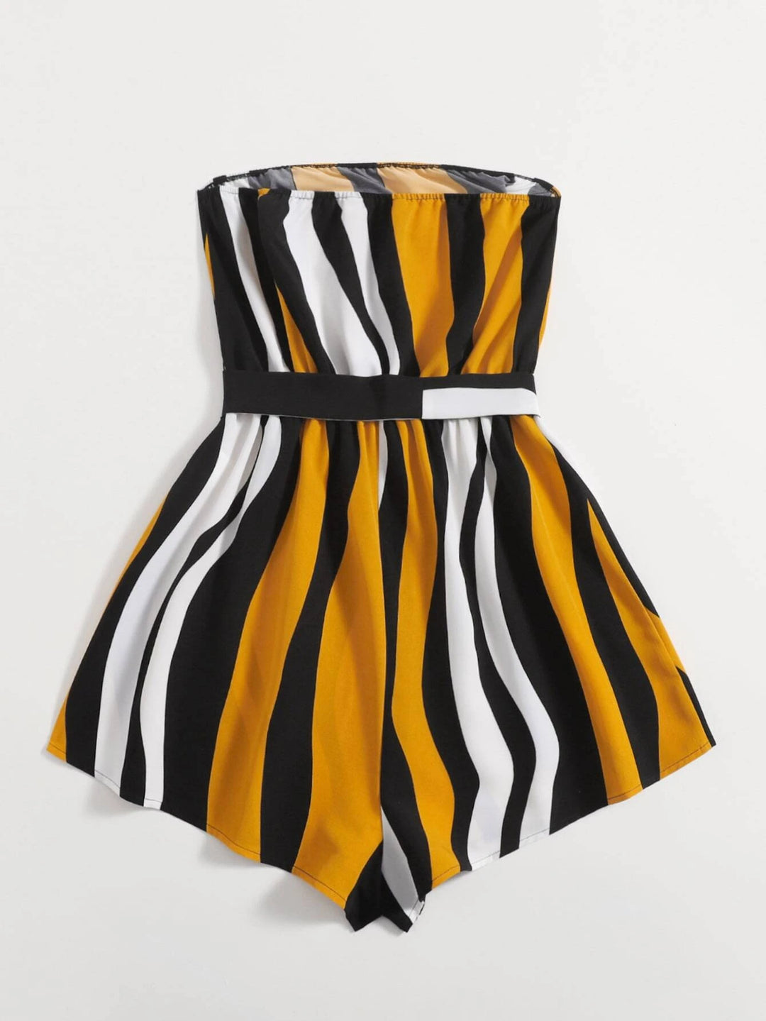 Belted Striped Tube Romper