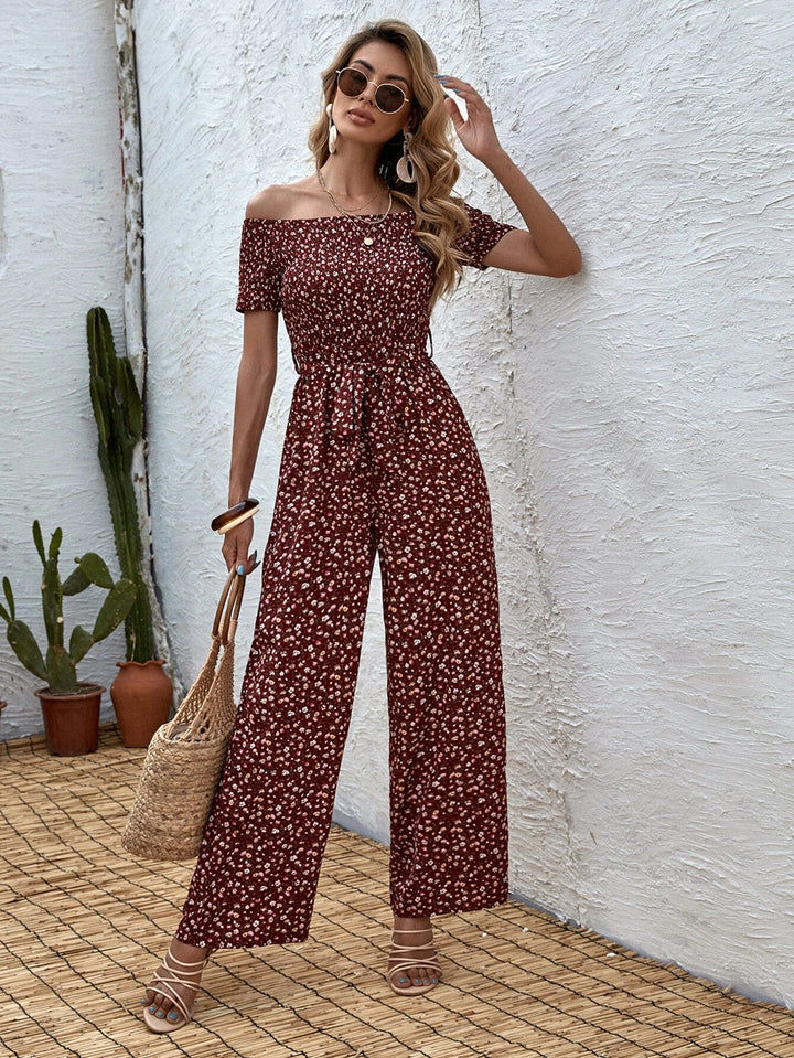 Long Floral Printed Short Sleeve Jumpsuit