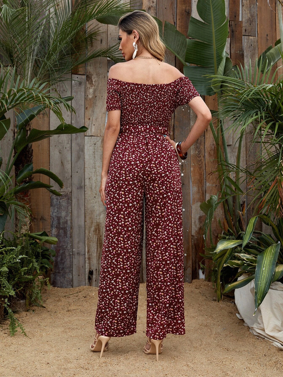 Long Floral Printed Short Sleeve Jumpsuit