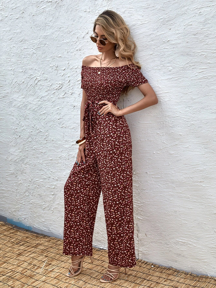 Long Floral Printed Short Sleeve Jumpsuit