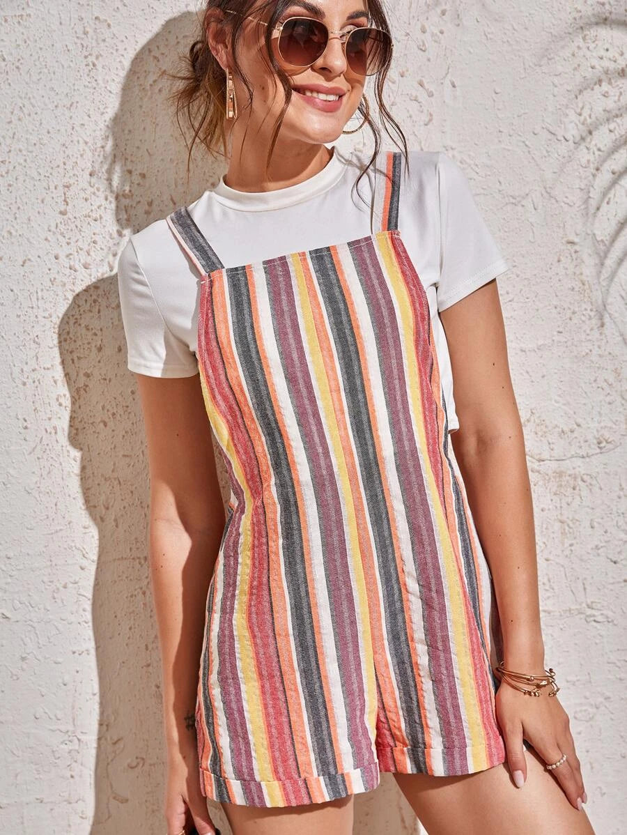 Striped Print Cuffed Pinafore Romper Without Tee