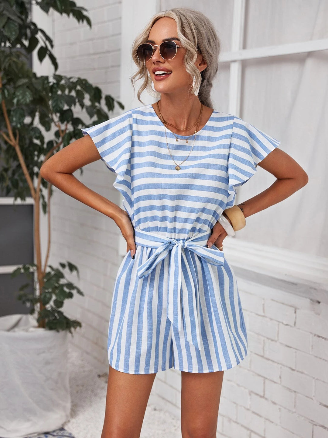 Cap Sleeve Belted Two Tone Striped Romper