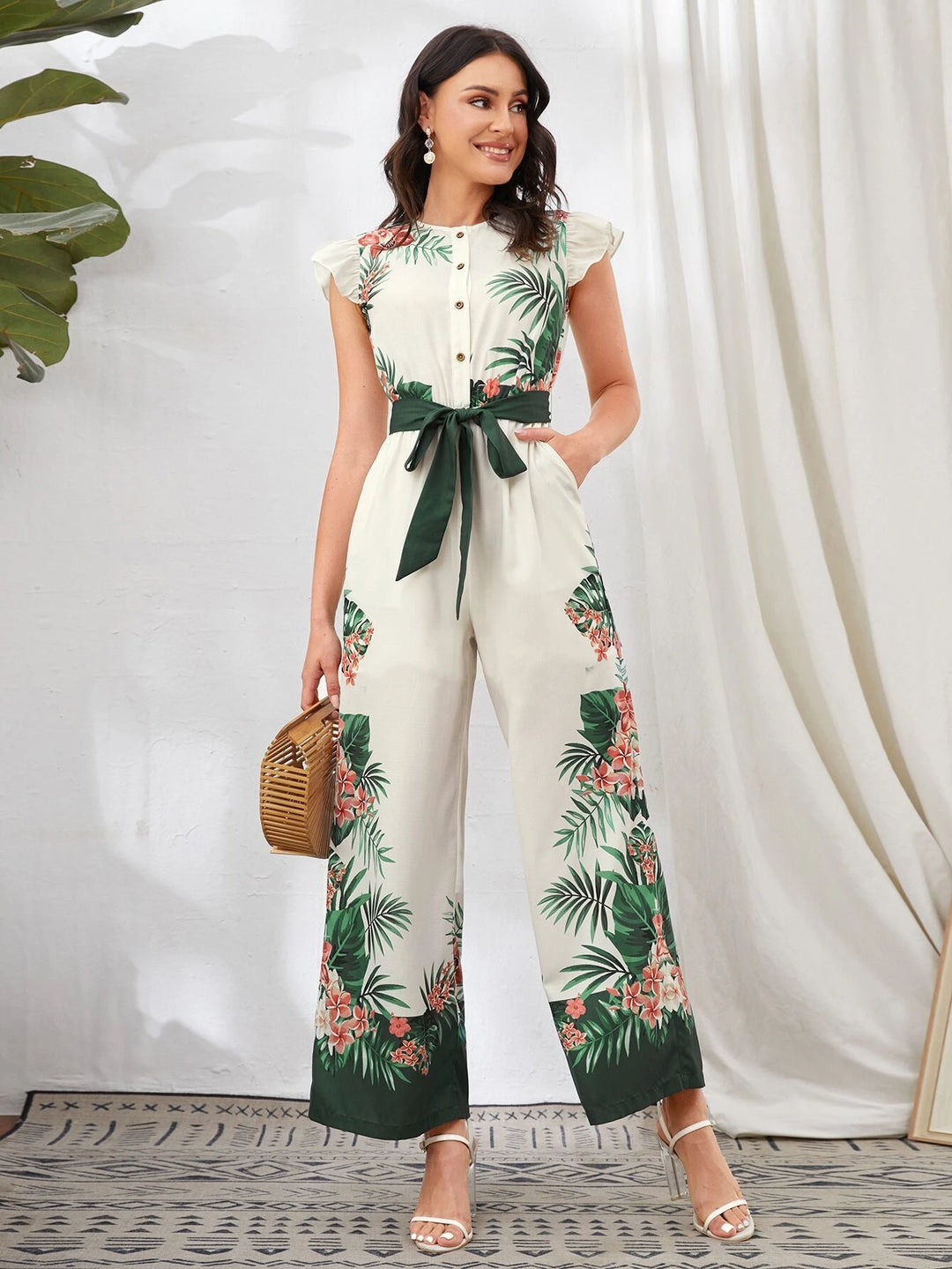 Button Front Belted Tropical Print Jumpsuit