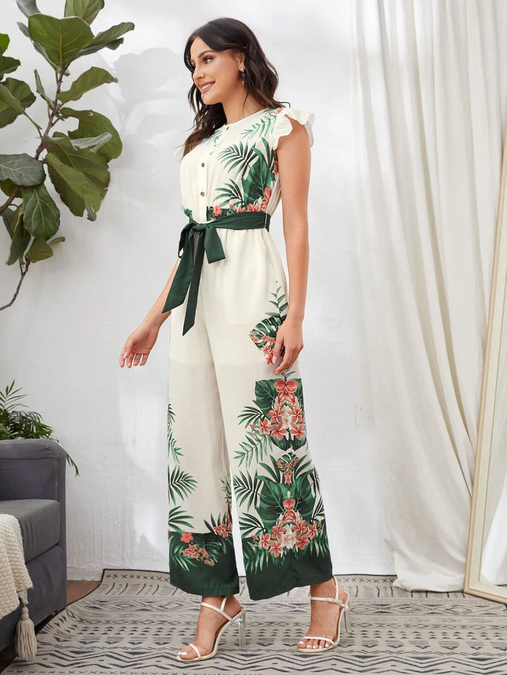Button Front Belted Tropical Print Jumpsuit