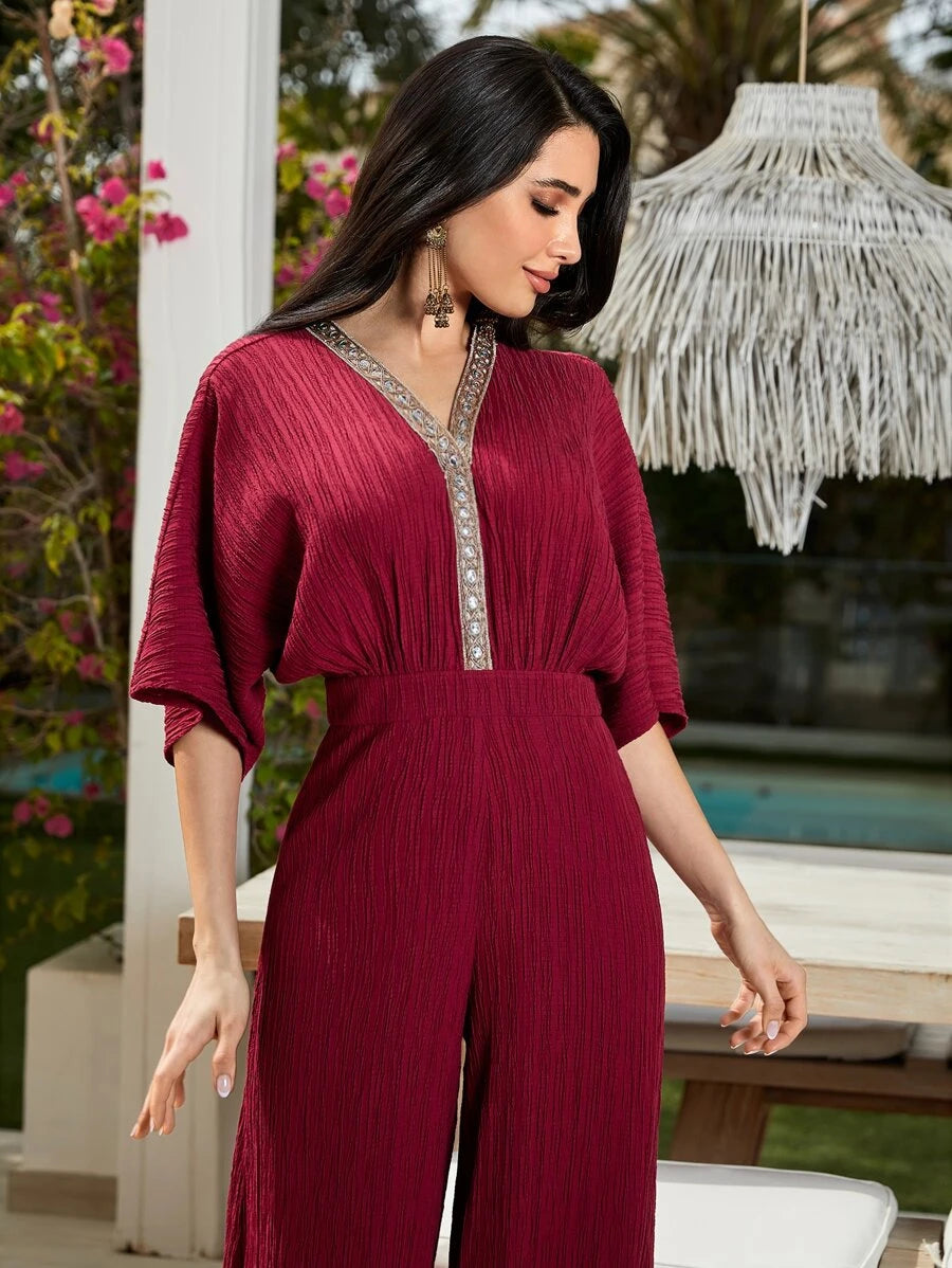 Contrast Tape With Wide Sleeve Patterned Jumpsuit