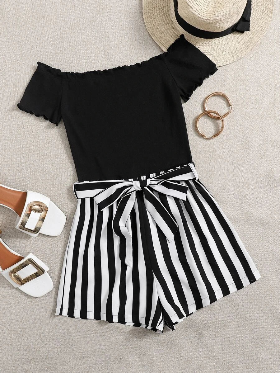 Off Shoulder Lettuce Trim Striped Romper