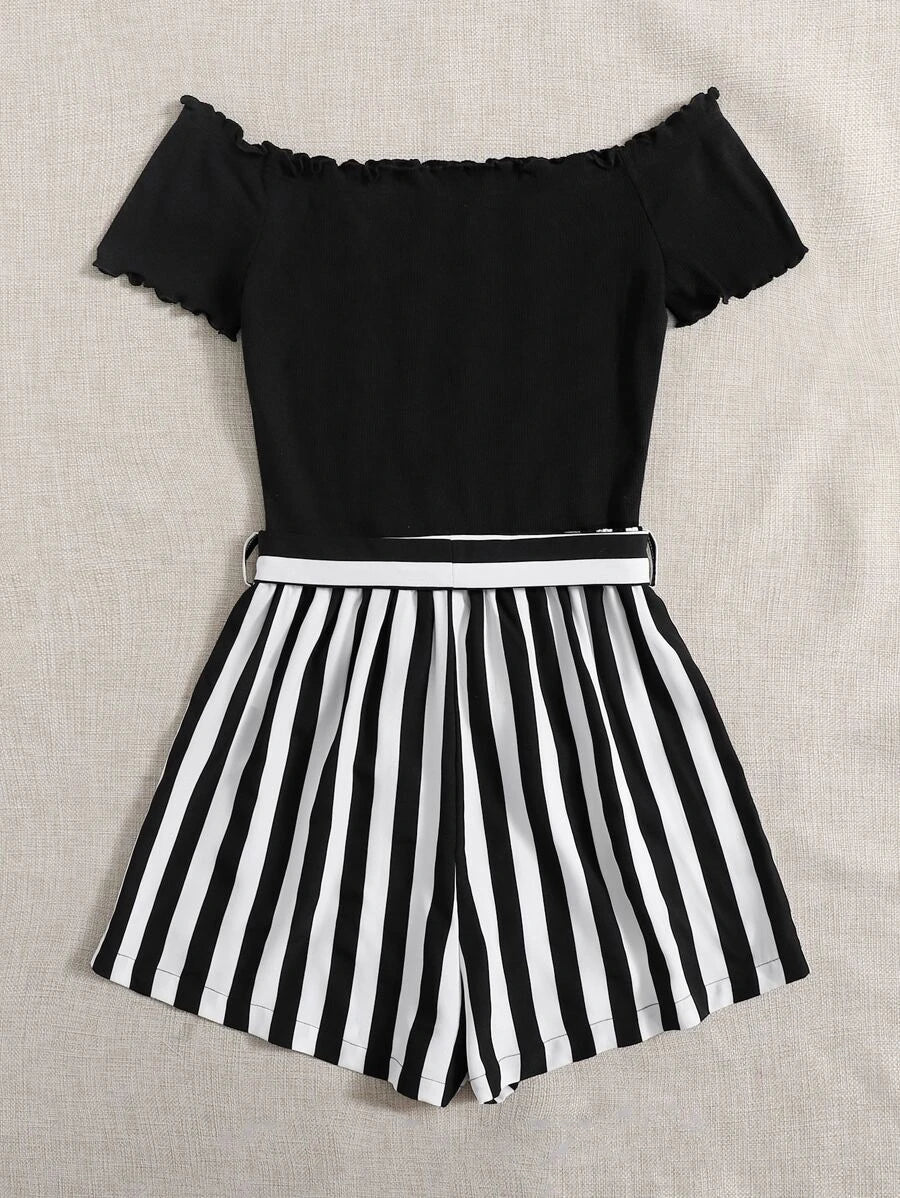 Off Shoulder Lettuce Trim Striped Romper