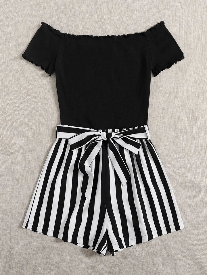 Off Shoulder Lettuce Trim Striped Romper