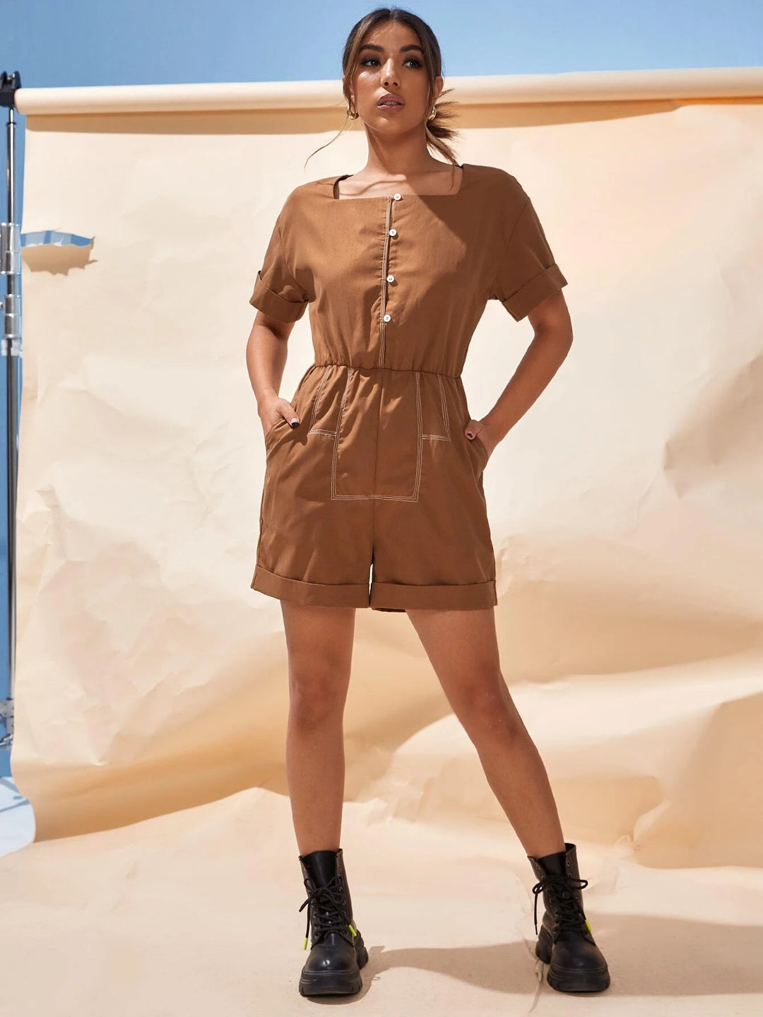 Button Front Rolled Up Romper