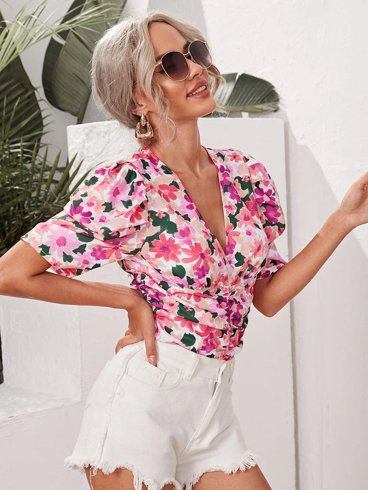 Floral Ruched Puff And  Short Sleeve Bodysuit