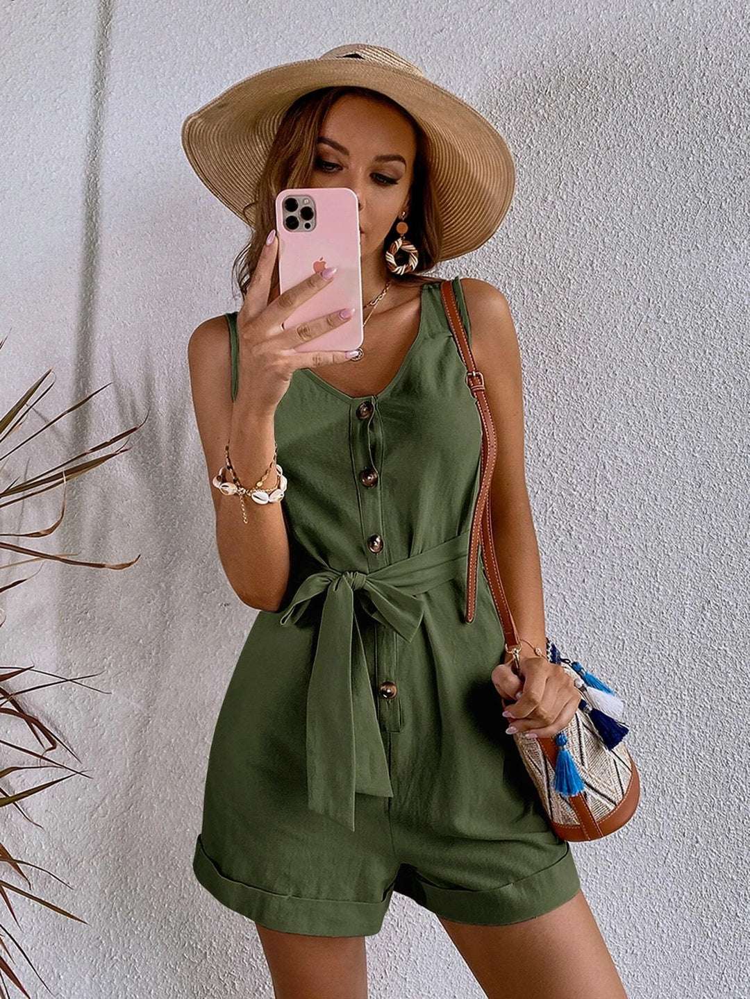 Button Front Belted Tank Romper