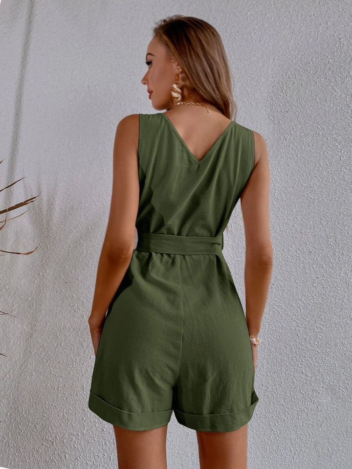 Button Front Belted Tank Romper