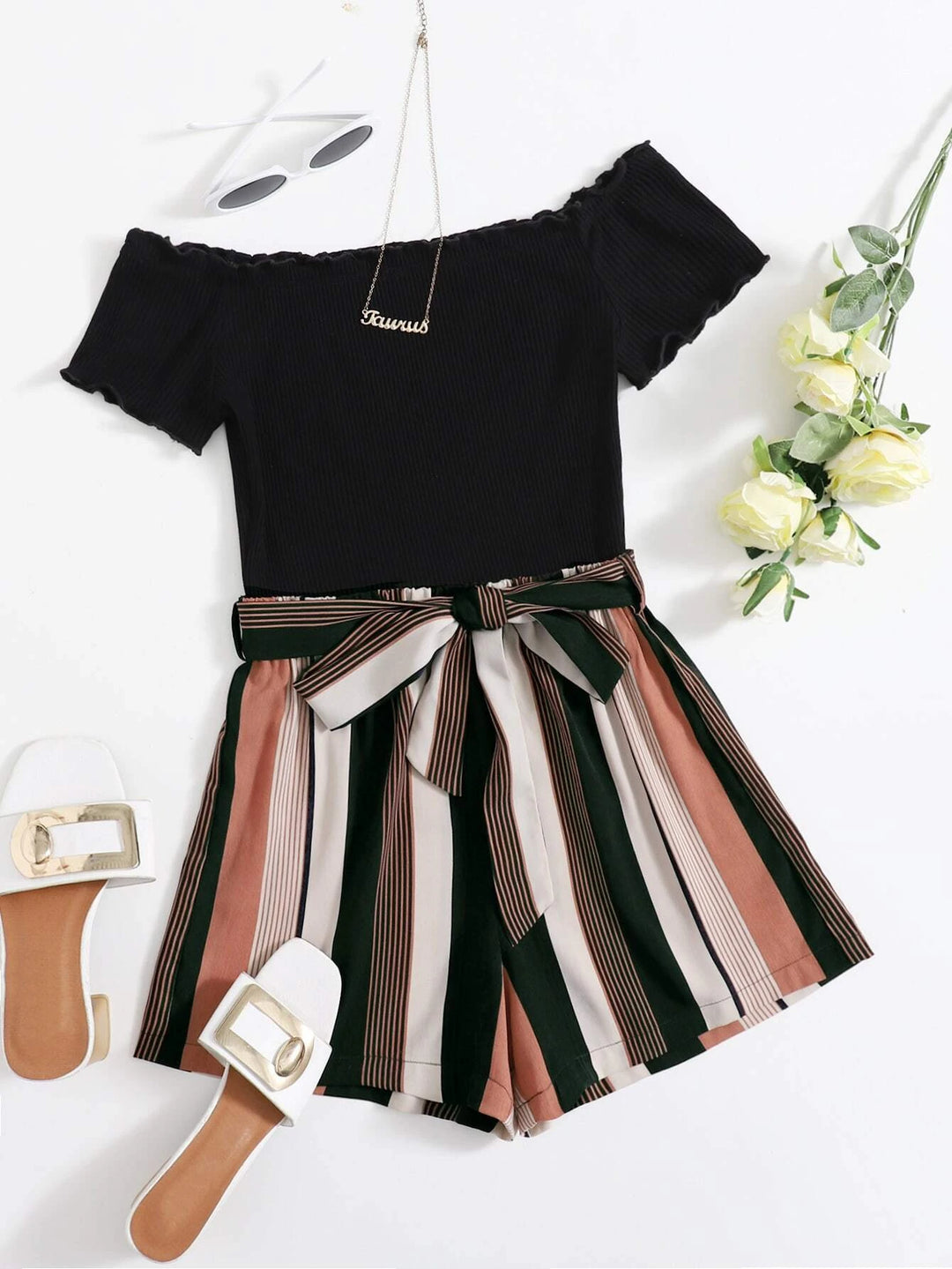 Off Shoulder Striped Paneled Self Belted Romper