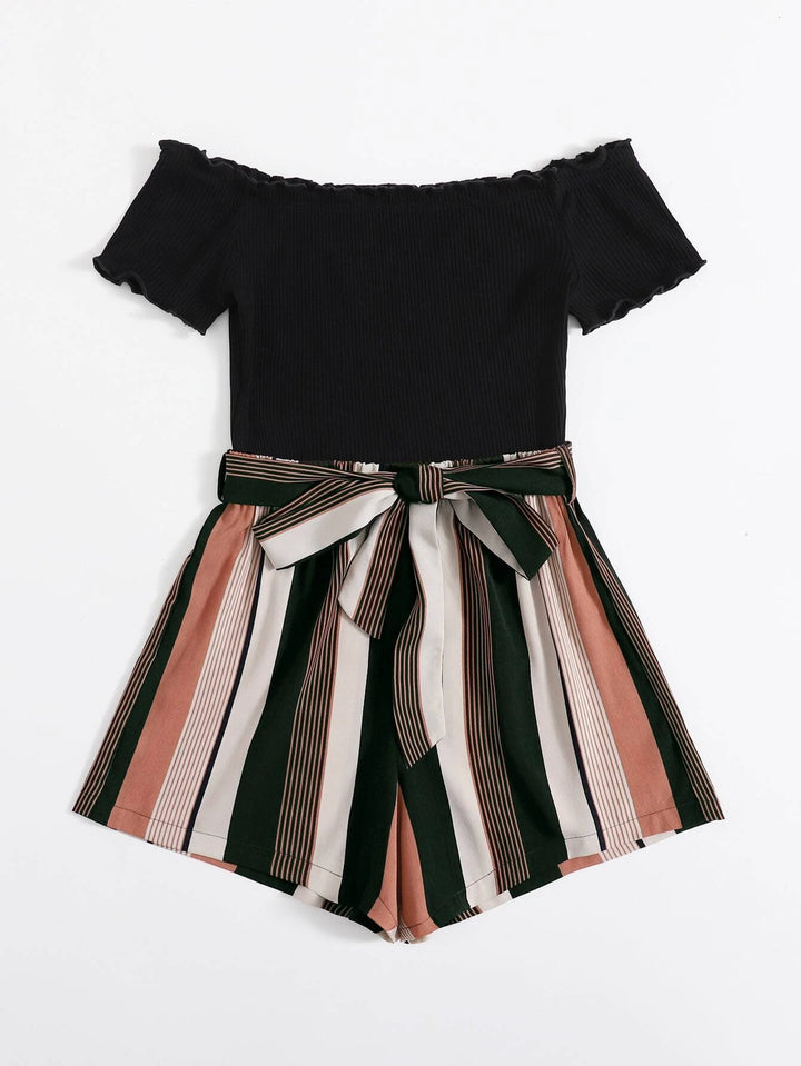 Off Shoulder Striped Paneled Self Belted Romper