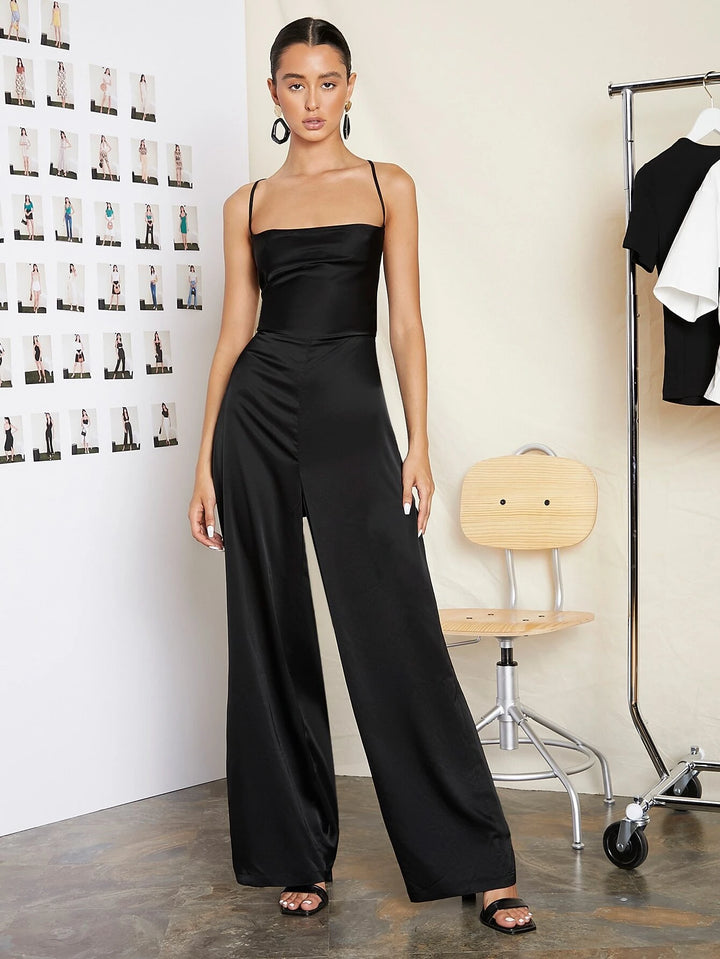 Lace Up Backless Solid Slip Jumpsuit