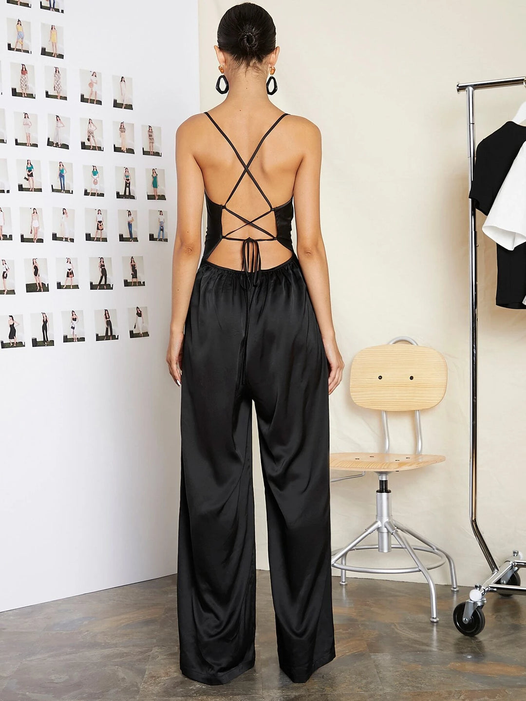 Lace Up Backless Solid Slip Jumpsuit