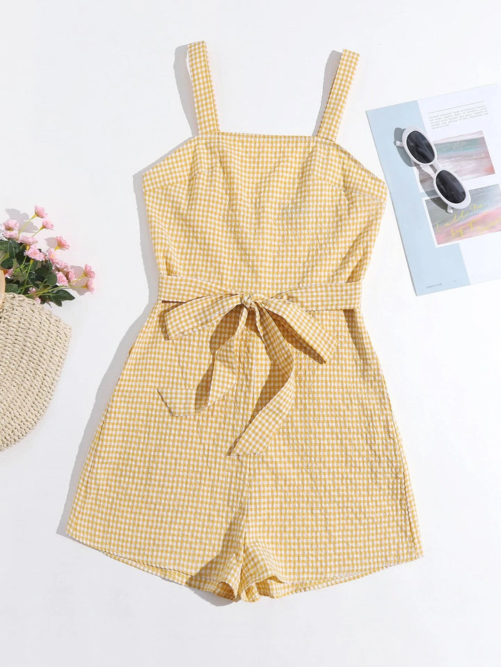 Gingham Belted Slip Romper