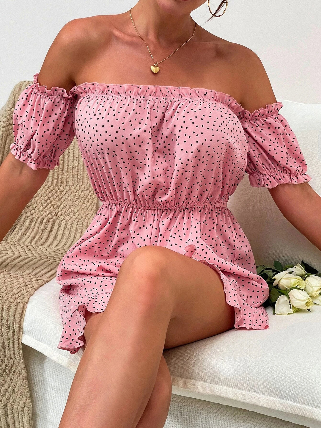 Polka Dot Off Shoulder Romper