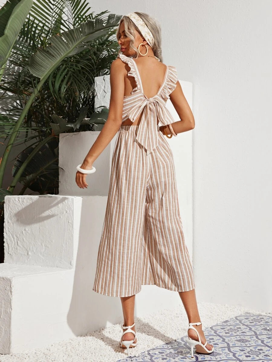 Ruffle Armhole Tie Back Striped Jumpsuit