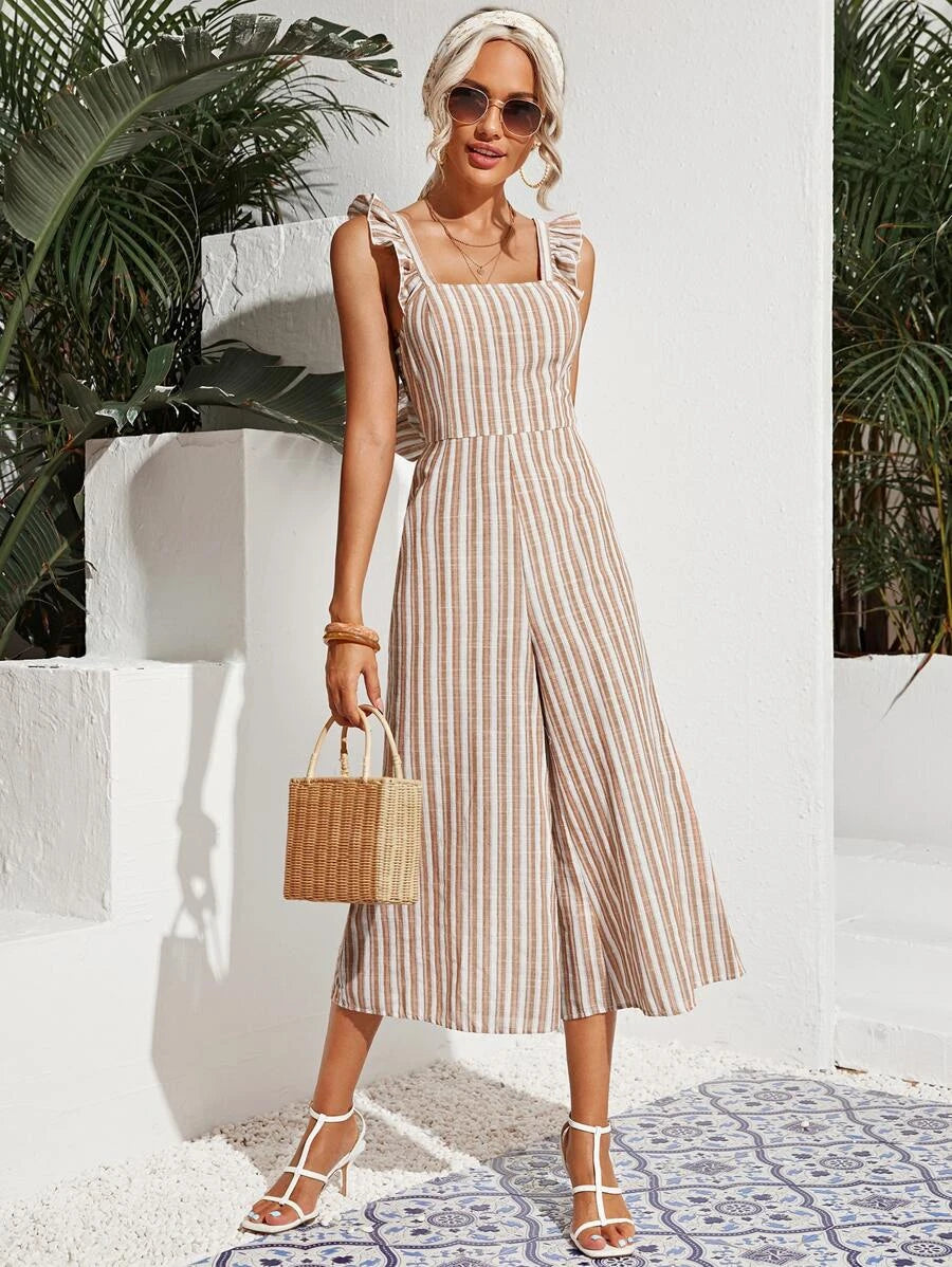 Ruffle Armhole Tie Back Striped Jumpsuit