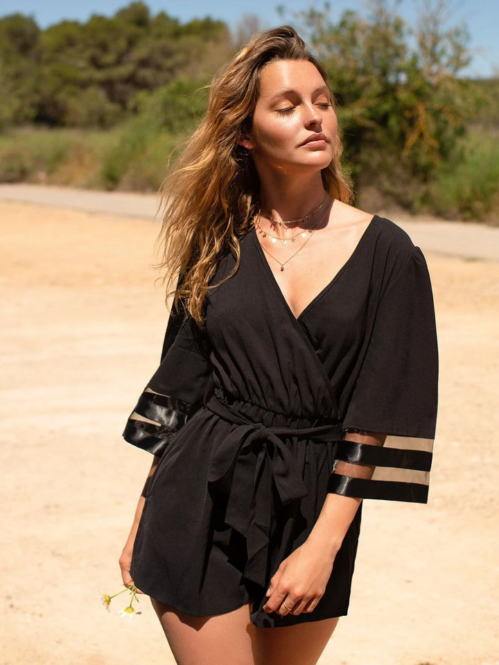 Mesh Panel Surplice Belted Romper