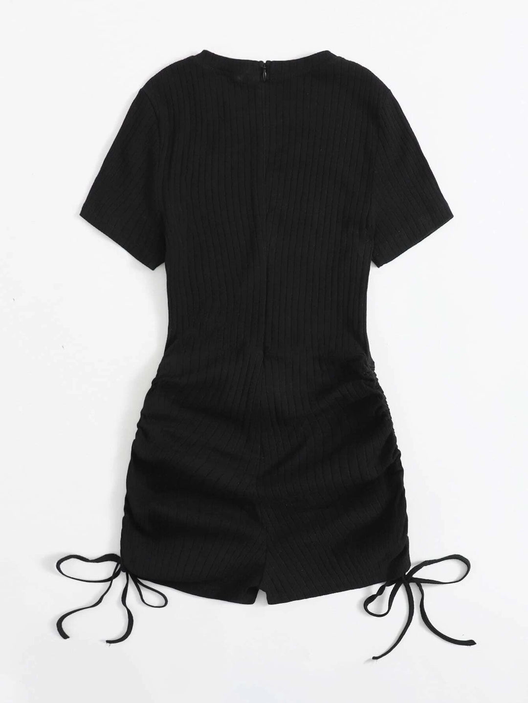 Ruched Drawstring Knot Rib-knit Romper