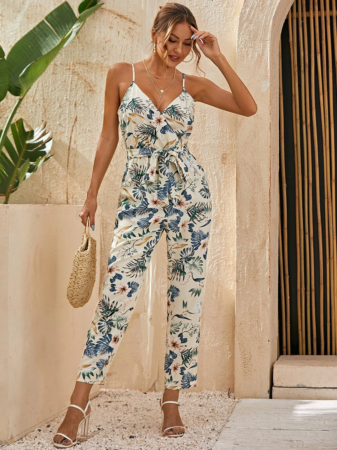 Belted Tropical Print Cami Jumpsuit