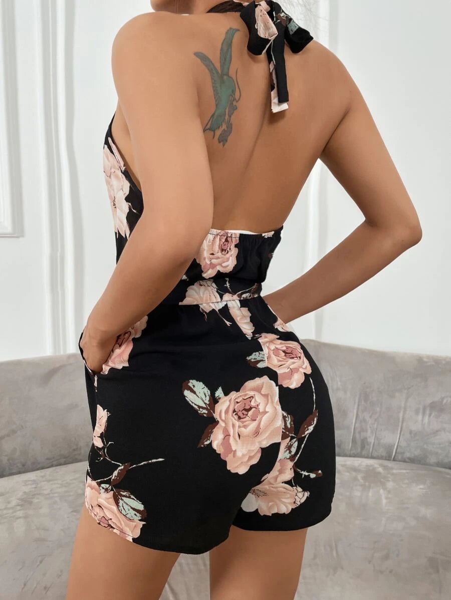 Floral Backless Belted Romper