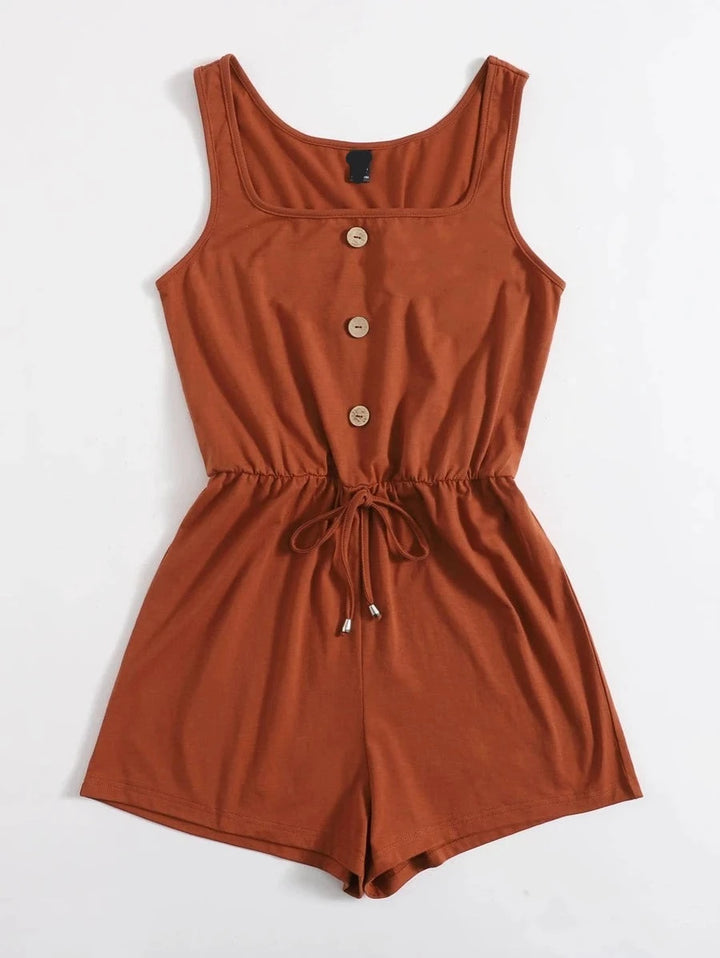 Drawstring Waist Button Front Tank Romper