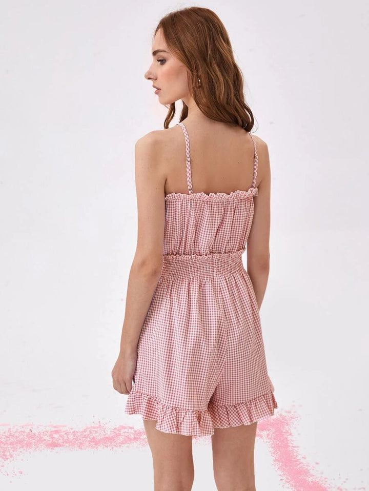 Gingham Print Frill Ruffle Trim Cami Romper