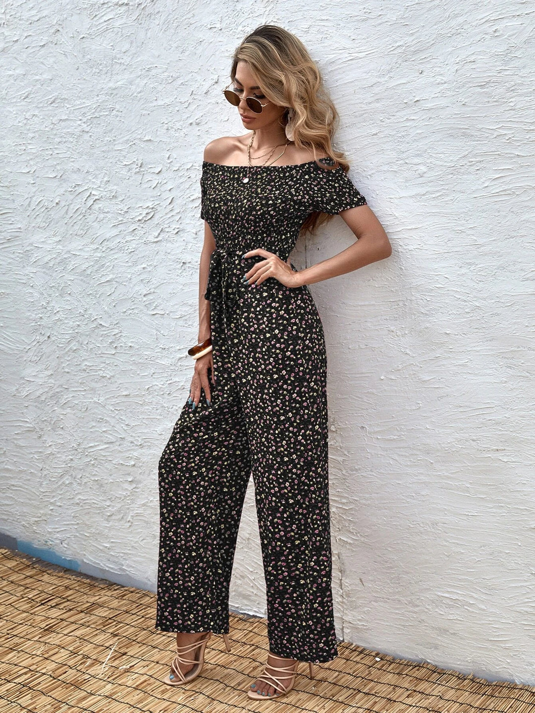 Long Floral Printed Short Sleeve Jumpsuit