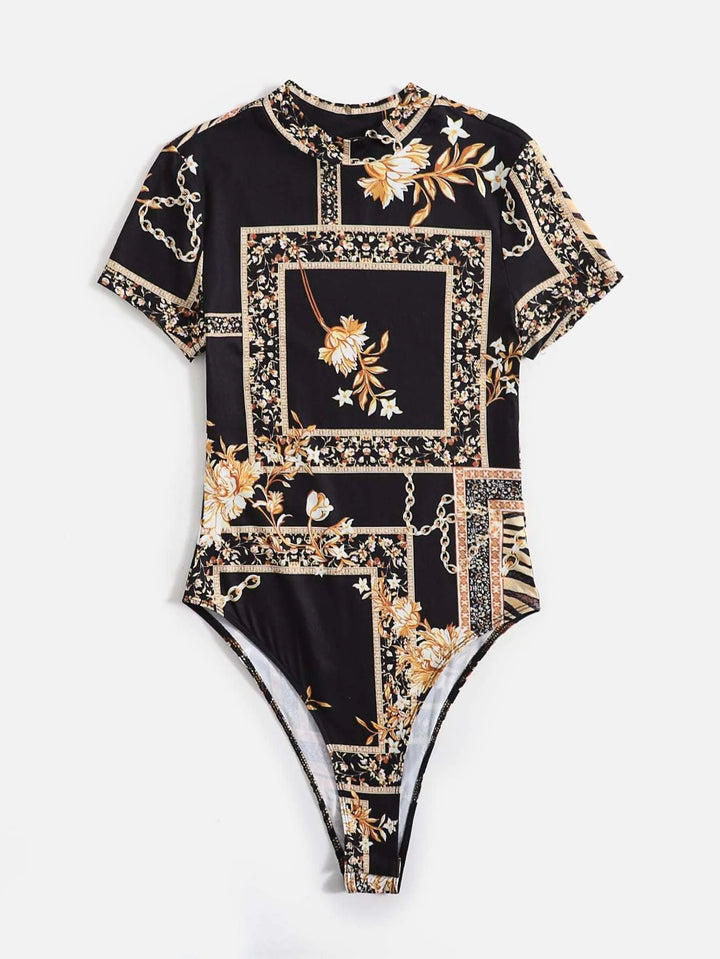 Scarf Print Unitard Bodysuit