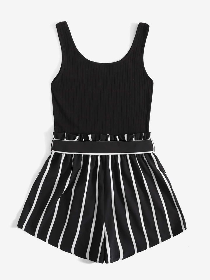 Striped Notched Neck Belted Tank Romper