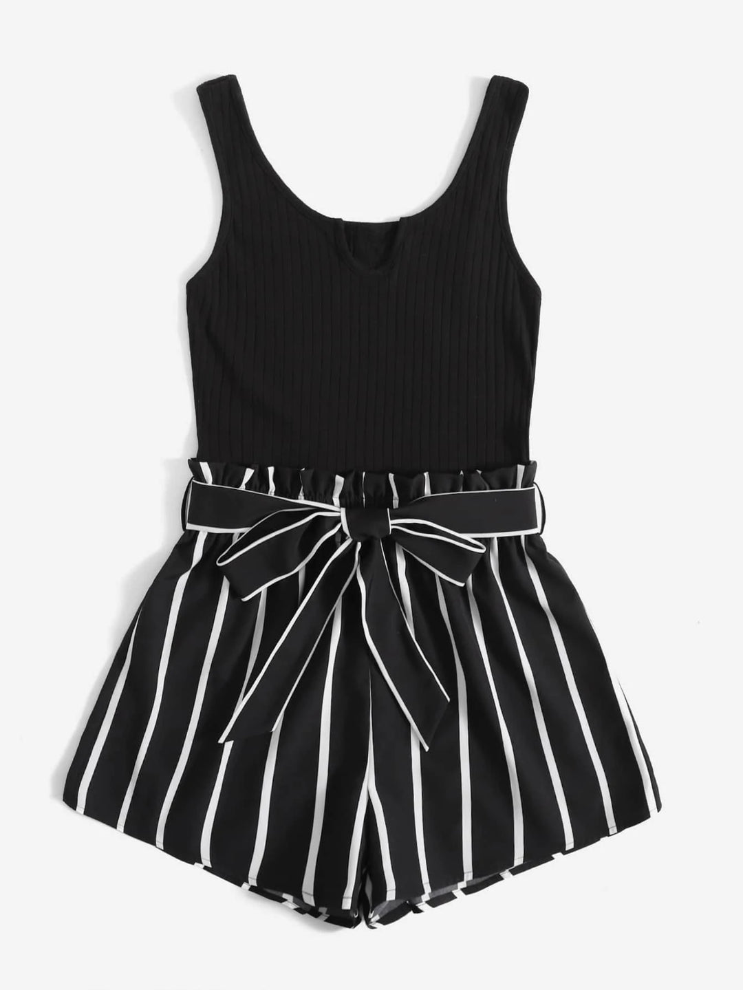 Striped Notched Neck Belted Tank Romper