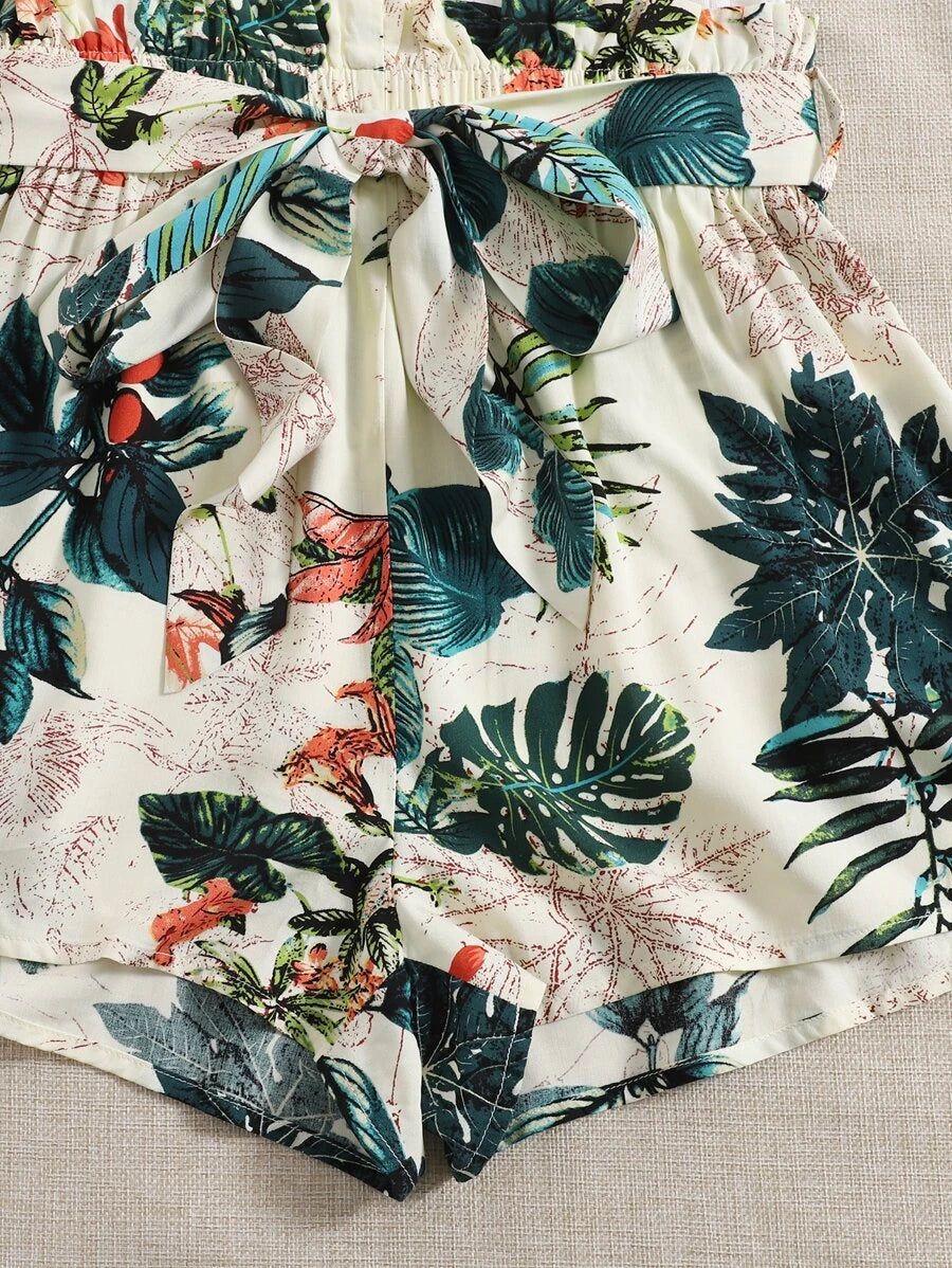 Tropical Print Paperbag Waist Belted Combo Tank Romper