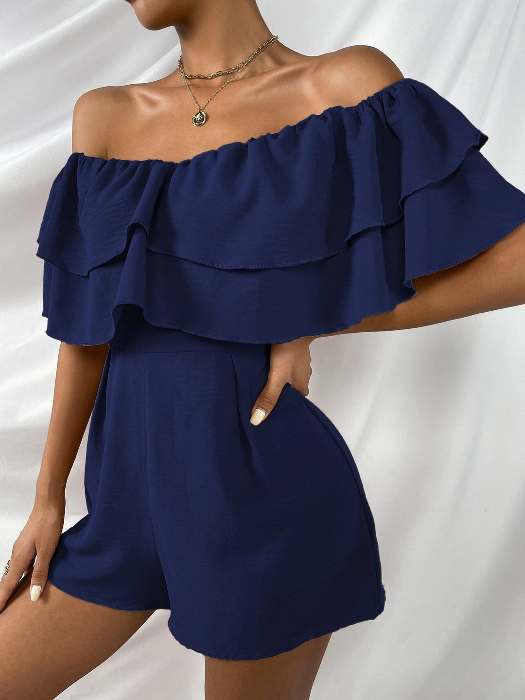 Off Shoulder Layered Trim Jumpsuit