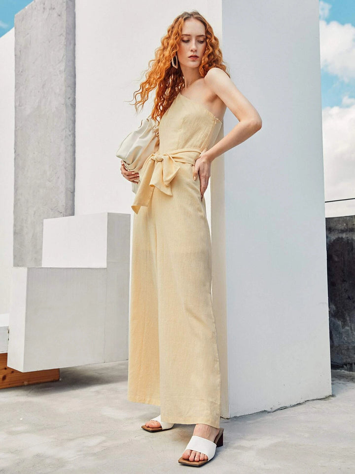 One Shoulder Puff Sleeve Belted Wide Leg Jumpsuit