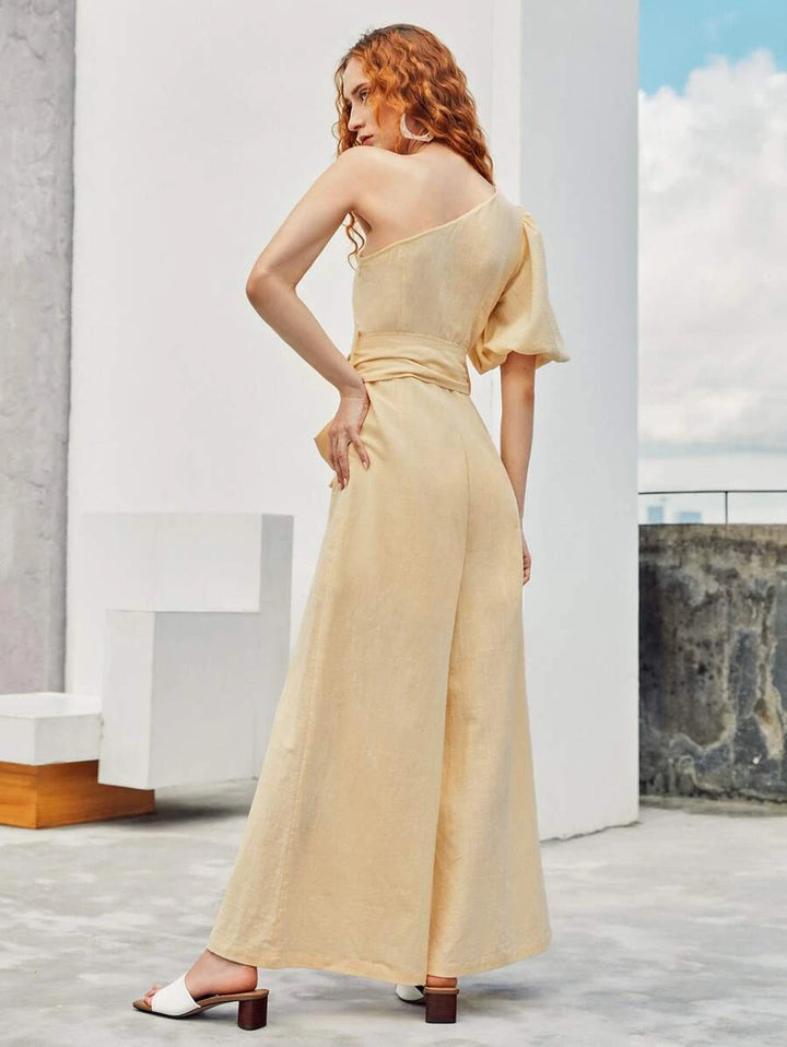 One Shoulder Puff Sleeve Belted Wide Leg Jumpsuit