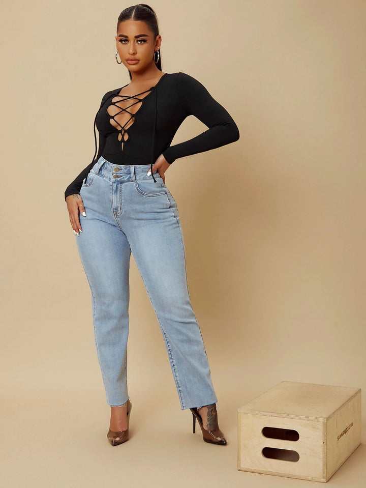 Lace Up Front Plunging Neck Bodysuit