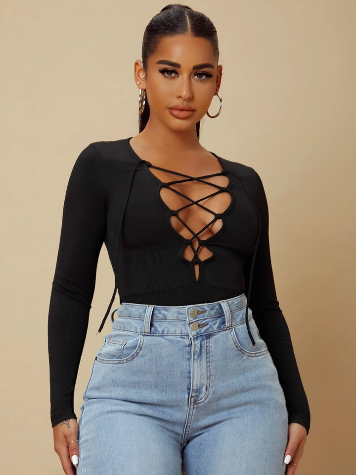 Lace Up Front Plunging Neck Bodysuit