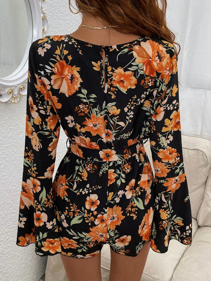 Floral Print Bell Sleeve Belted Romper