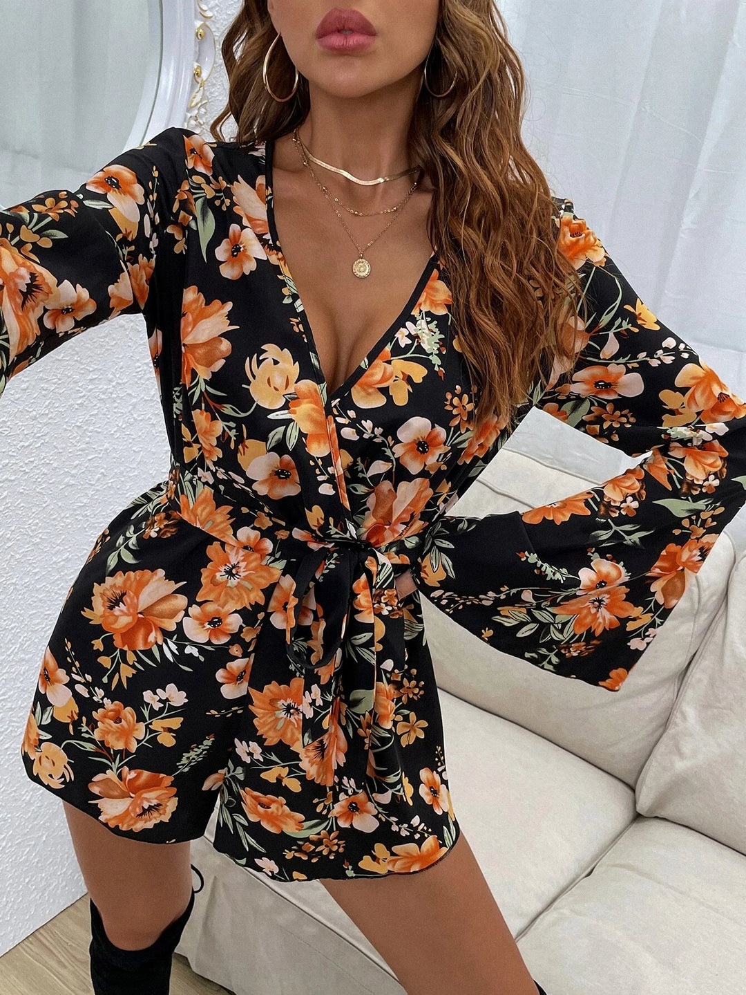 Floral Print Bell Sleeve Belted Romper