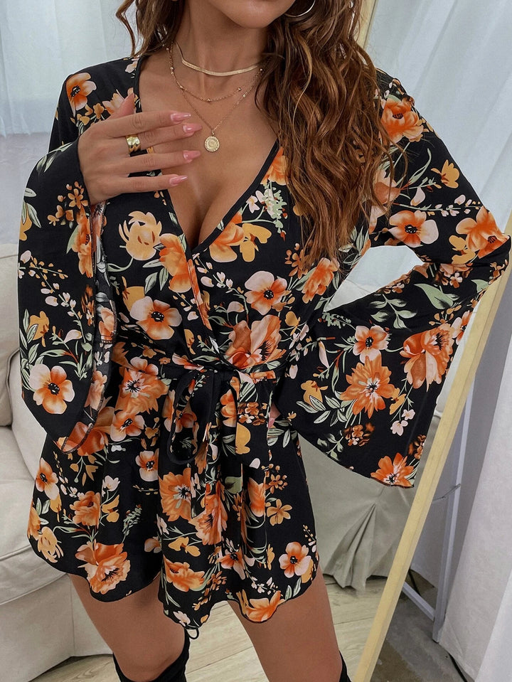 Floral Print Bell Sleeve Belted Romper