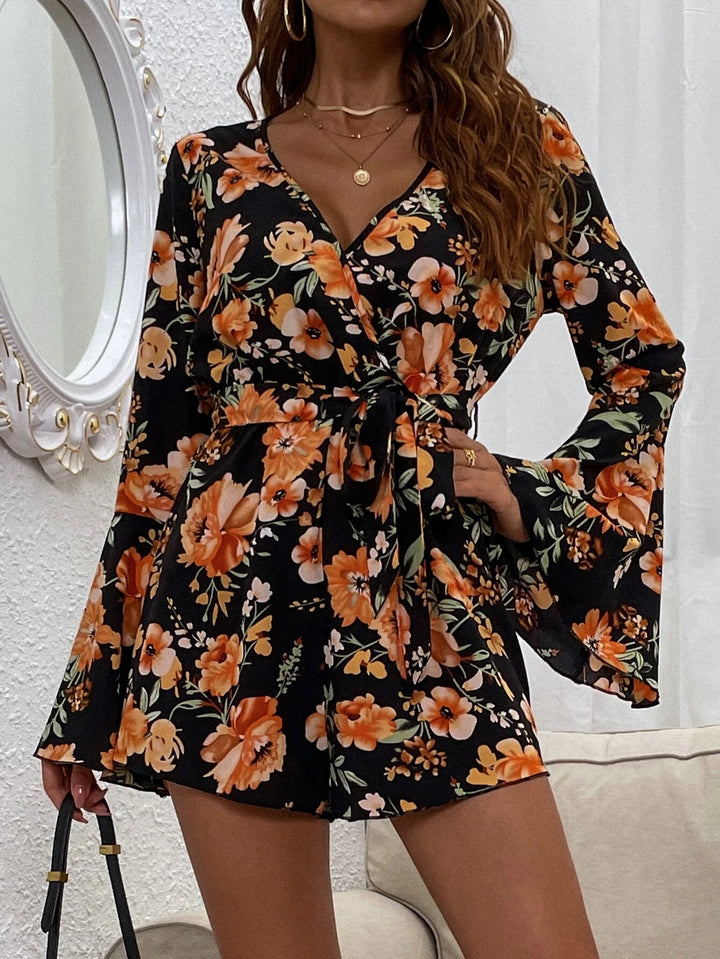 Floral Print Bell Sleeve Belted Romper