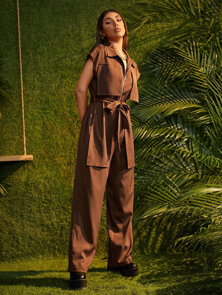 Casual Sleeveless Belted Jumpsuit