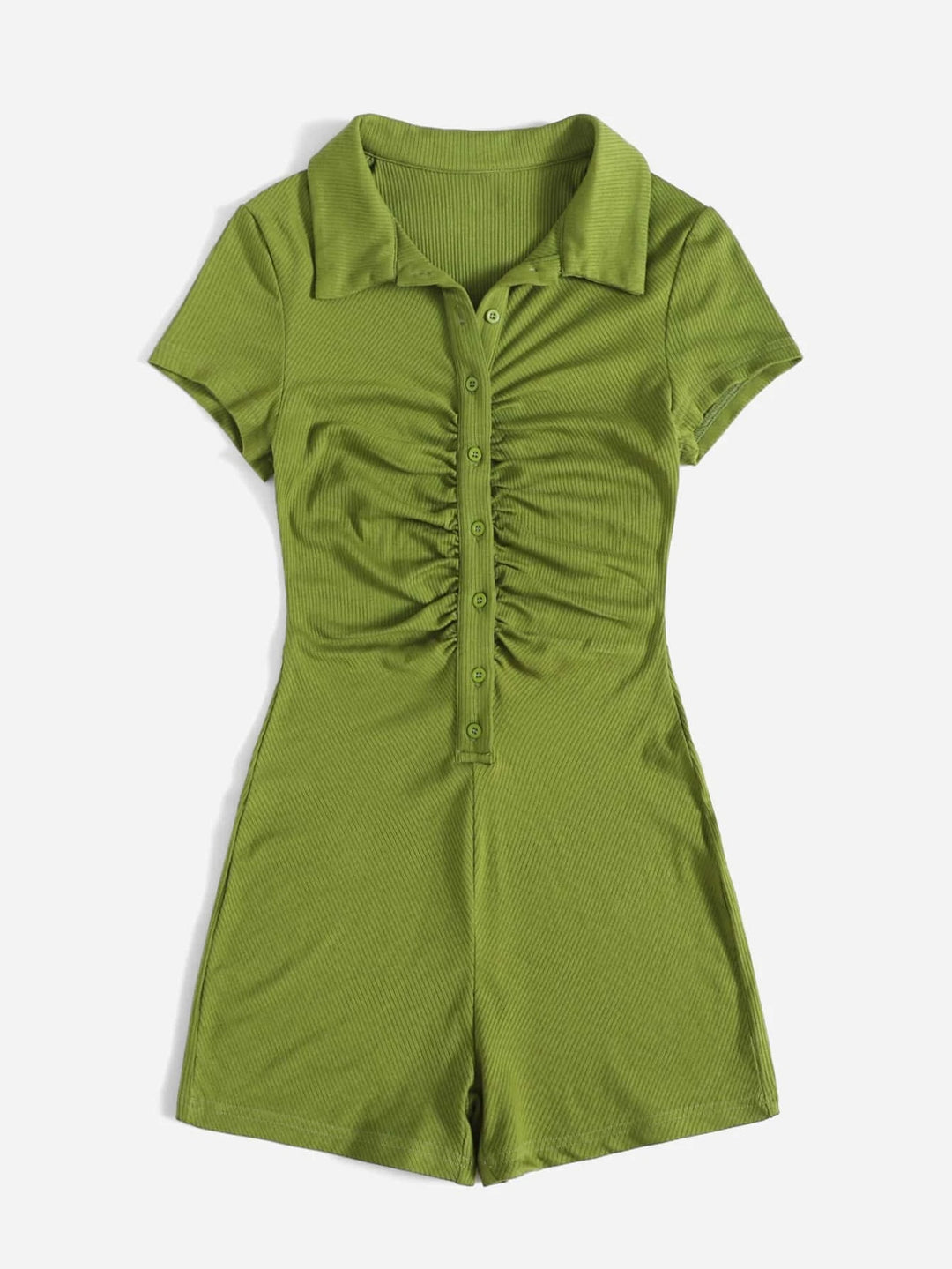 Button Placket Ruched Front Rib-knit Solid Romper